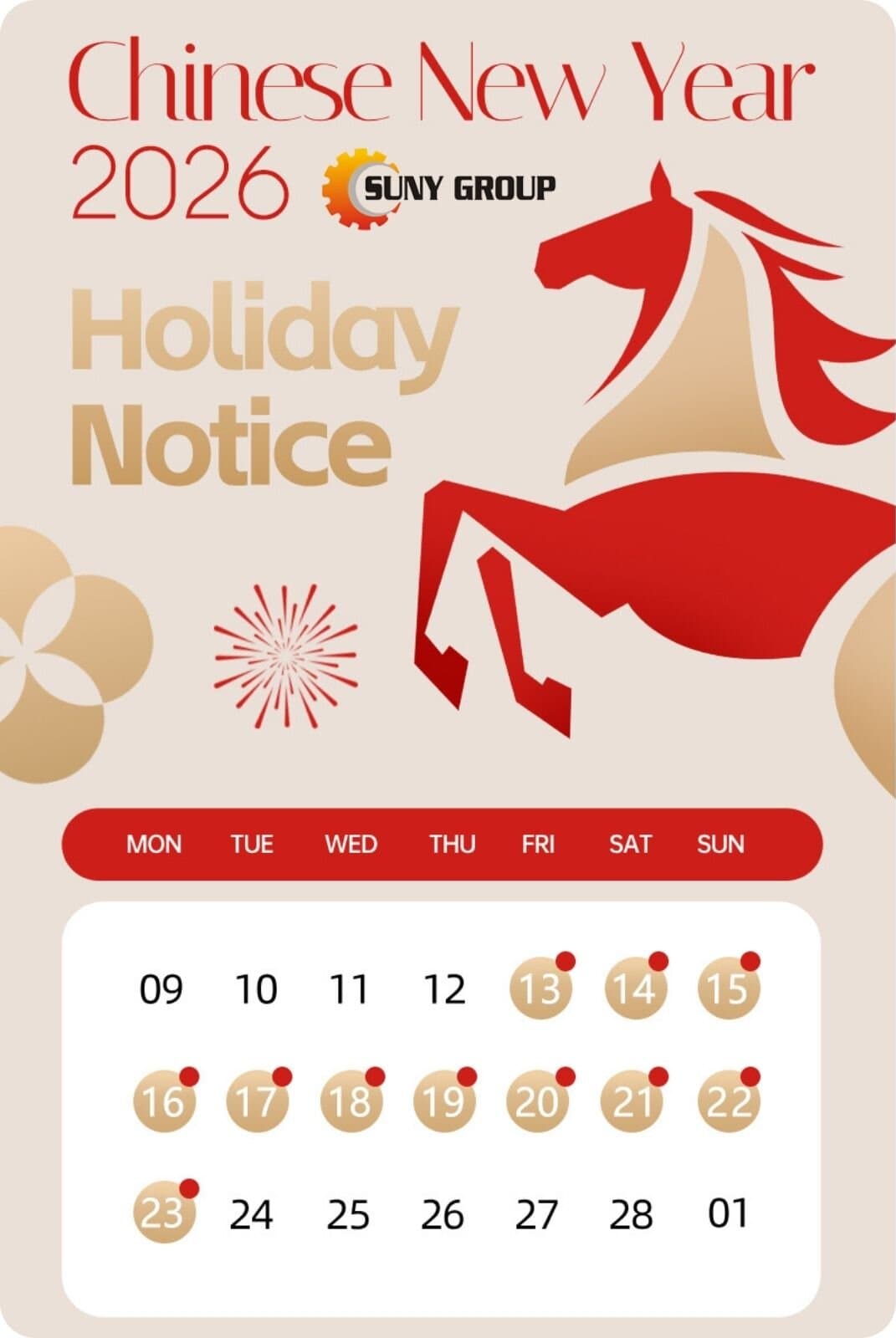 SUNY GROUP Chinese New Year Holiday Schedule Notice